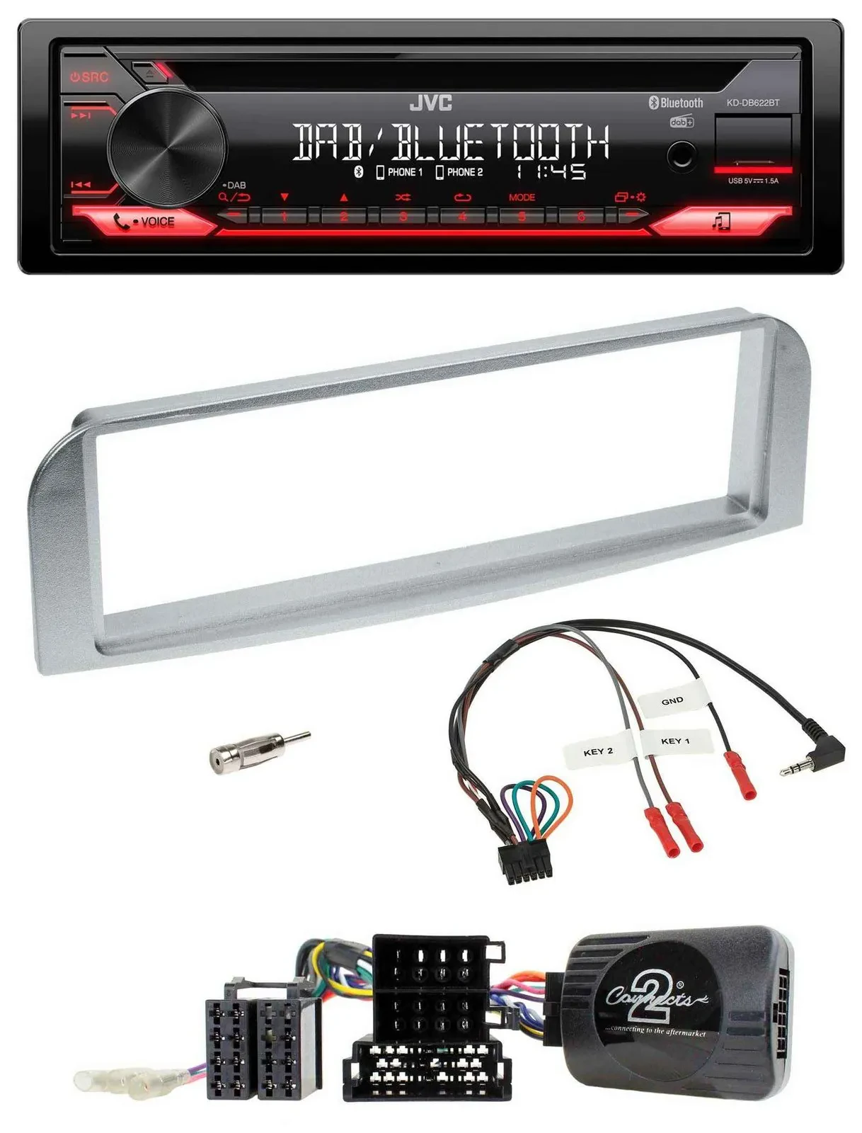 Автомагнитола JVC для Alfa Romeo GT/147 (2007–2010) CD, DAB, USB, Bluetooth, серебристо-серый