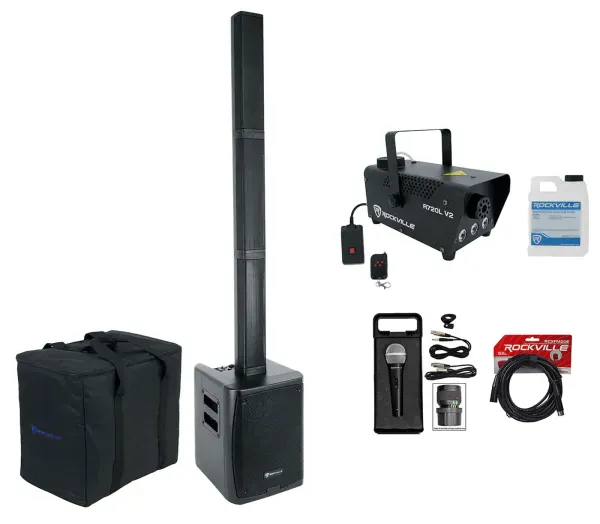 Rockville DJ Package w/TITAN PORTABLE ARRAY Speaker+Subwoofer+Microphone+Fogger