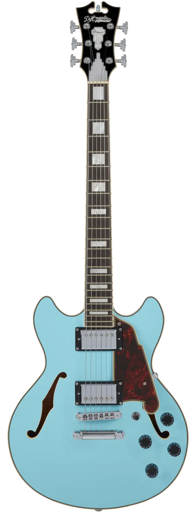 Электрогитара полуакустическая D'Angelico Premier Mini DC Sky Blue with Stopbar Tailpiece