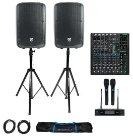 2) Rockville TITAN 12 12" DJ PA Speakers/Bluetooth+Mackie Mixer+2) Wireless Mics