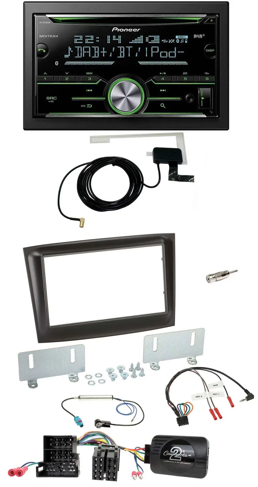 Автомагнитола Pioneer CD/USB/Bluetooth DAB, 2DIN, совместима с управлением на руле, Mini-ISO, для Fiat Doblo