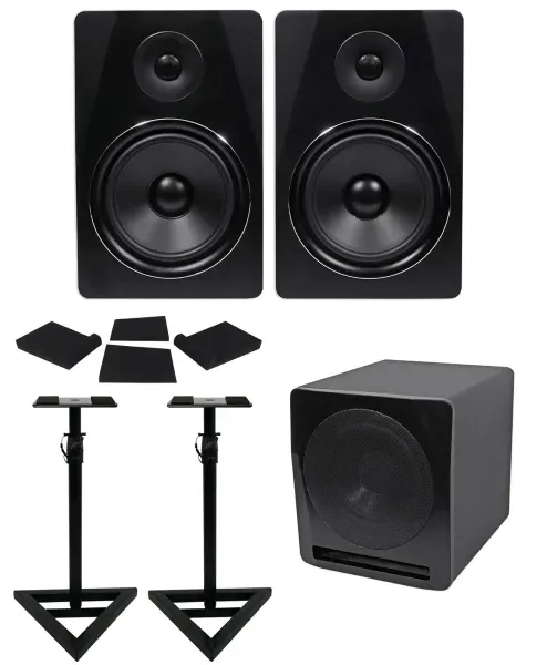 (2) Rockville APM8B 8" Powered Studio Monitors+Active 10" Subwoofer+Stands+Pads