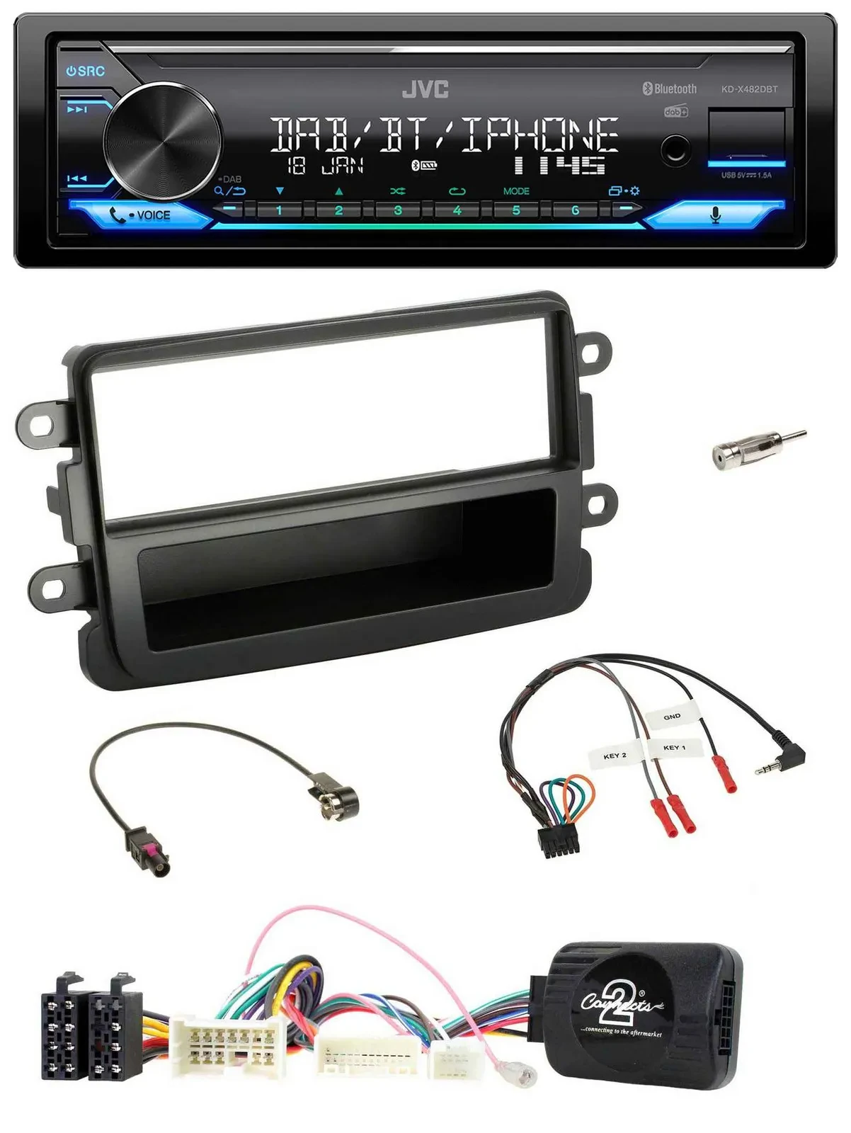 JVC Bluetooth DAB USB Lenkrad Autoradio für Dacia ab 2012 schwarz