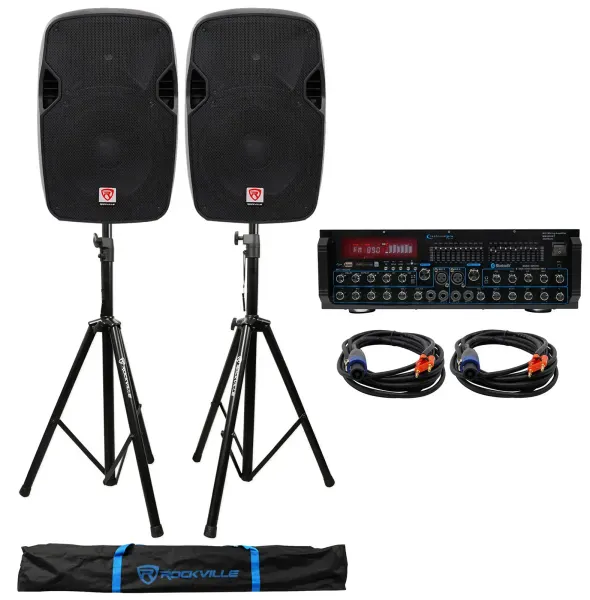 (2) Rockville SPGN124 12" 1200W DJ PA Speakers+Bluetooth Amplifier/Mixer+Stands