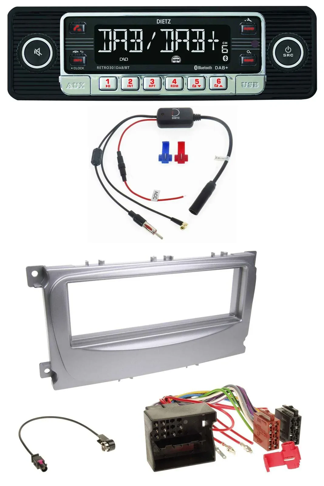 Автомагнитола Dietz MP3, DAB, Bluetooth, USB для Ford S-Max/Mondeo 2007–2014, серебристая