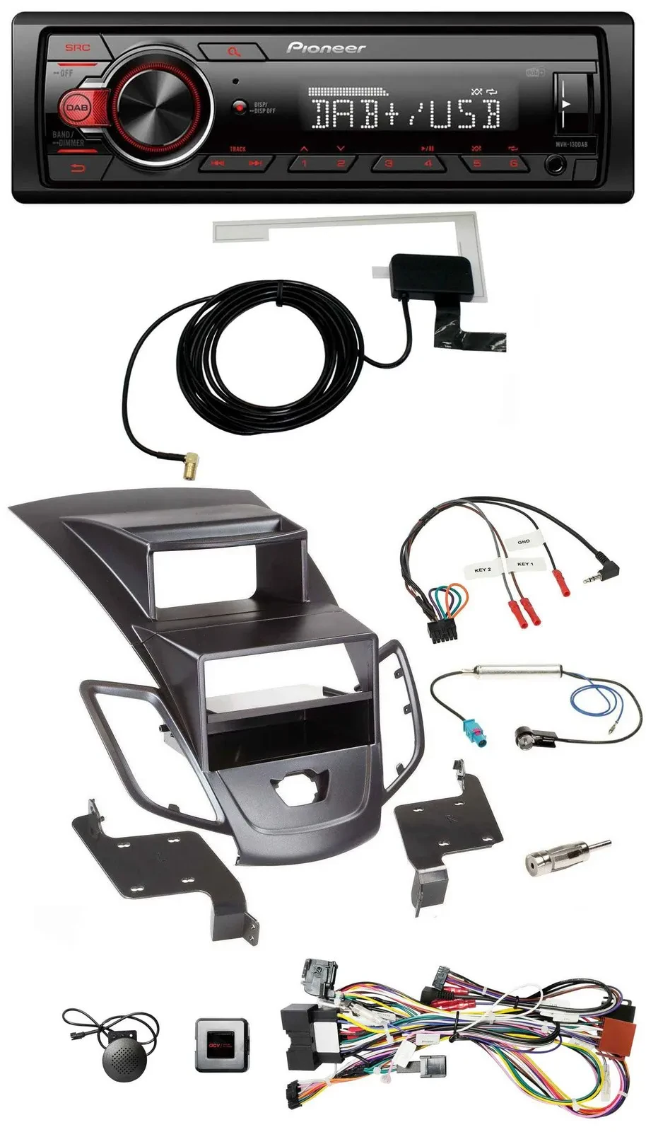 Pioneer 1DIN MP3 DAB USB Lenkrad Autoradio für Ford Fiesta 08-10 Display schwarz