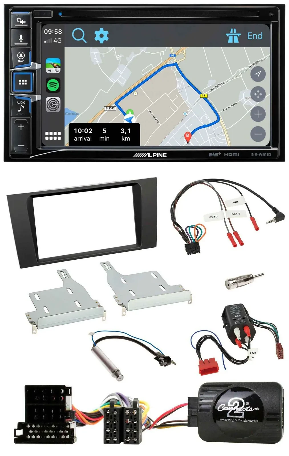 Автомагнитола для Audi A4 1999–2001 Alpine 2DIN, навигация, DAB, TMC, Bluetooth, USB, поддержка кнопок на руле, совместима с BOSE