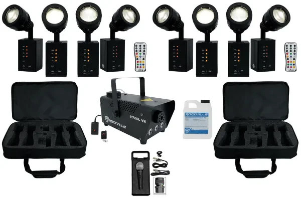 Chauvet DJ Ezpin Zoom Pack 8) Rechargeable Pin Spot Lights+Remote+Bag+Fogger+Mic