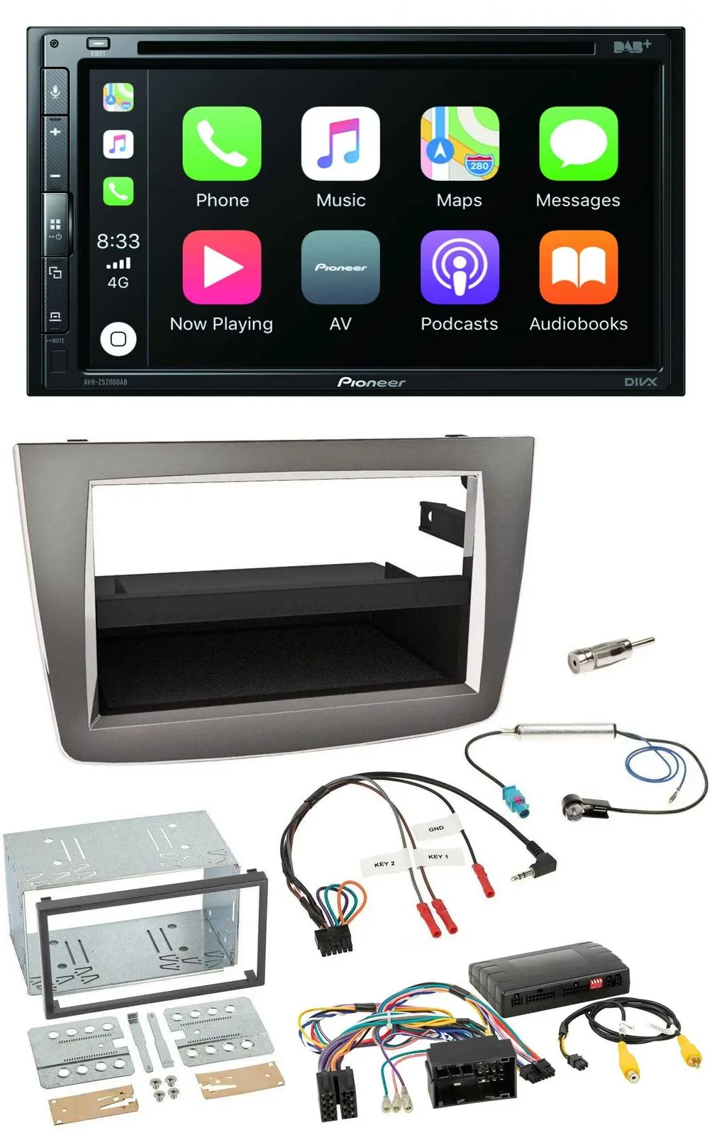 Автомагнитола Pioneer 2DIN, DVD, DAB, Bluetooth, USB, поддержка управления на руле, для Alfa Romeo Mito, серебристая