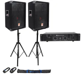 (2) Rockville RSG8 DJ PA Speaker + Rockville RPA5 Amp + Stands + Cables + Case