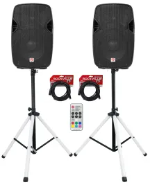 2) Rockville SPG104 10" Passive 800w DJ PA Speakers+Stands w/LED's+Remote+Cables