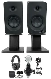 (2) Rockville ASM4 4" Studio/Computer Speakers w/Bluetooth+Mic+Headphones+Stands