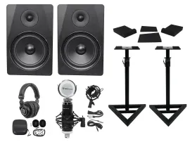 (2) Rockville DPM8B 8" 600w Dual Active Studio Monitors+Stands+Headphones+Mic