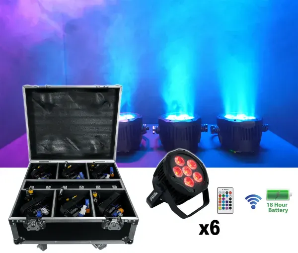 Rockville BEST PACK H2O (6) Water Resistant Battery Par DJ Lights+Charge Case