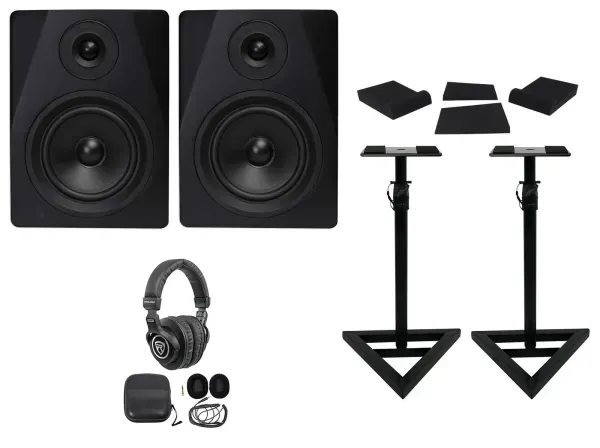 2 Rockville DPM5B 5.25" 300w Dual Powered Studio Monitors+Stands+Pads+Headphones