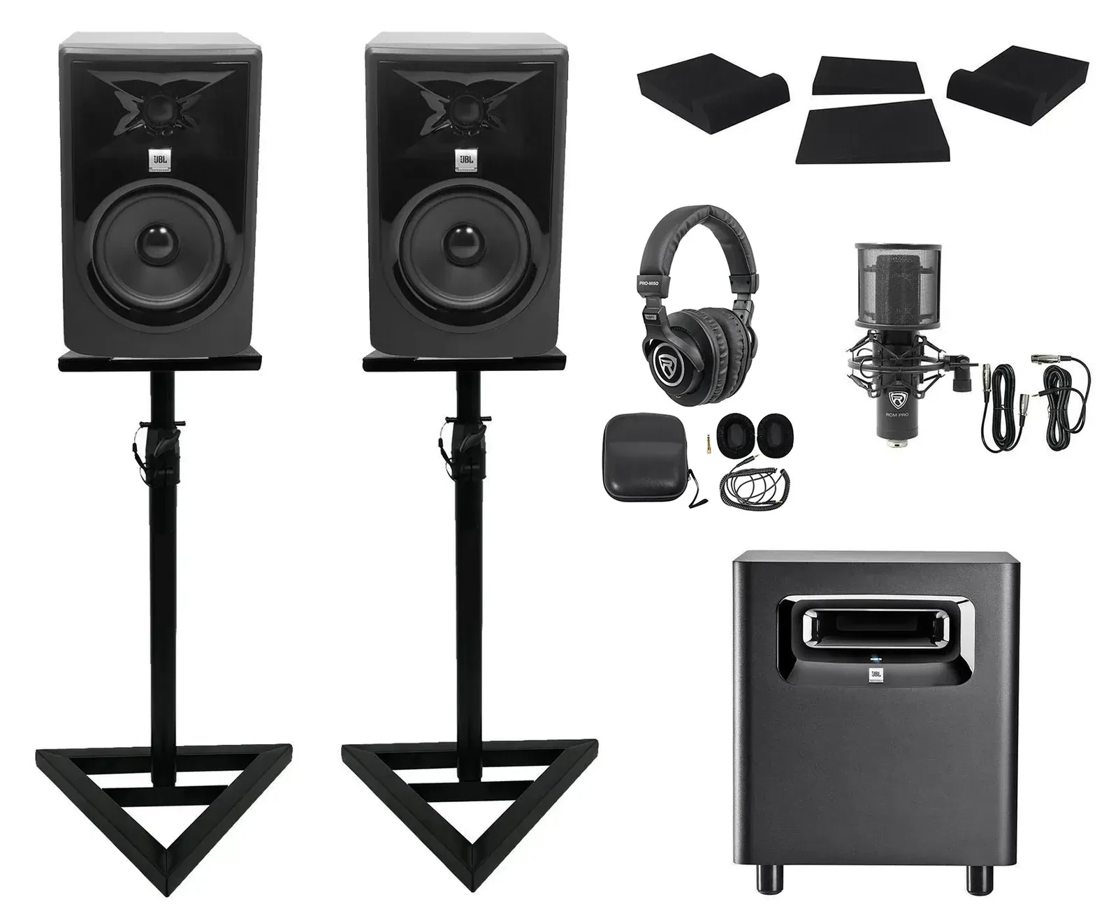 2) JBL 305P MkII 5" Powered Studio Monitors+Stands+Pads+Subwoofer+Headphones+Mic
