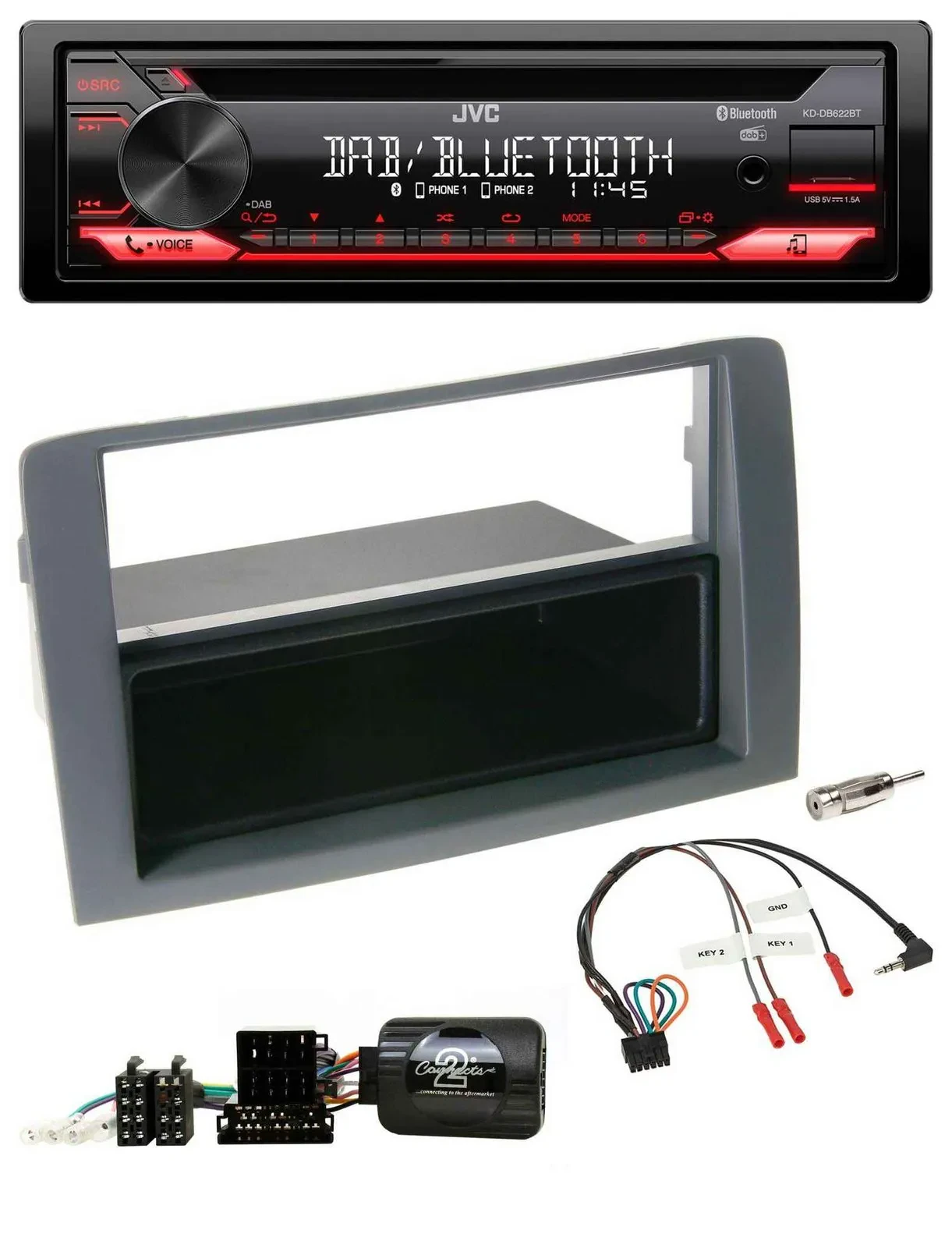 JVC CD DAB USB Bluetooth Lenkrad Autoradio für Fiat Idea 2006-2011 grau