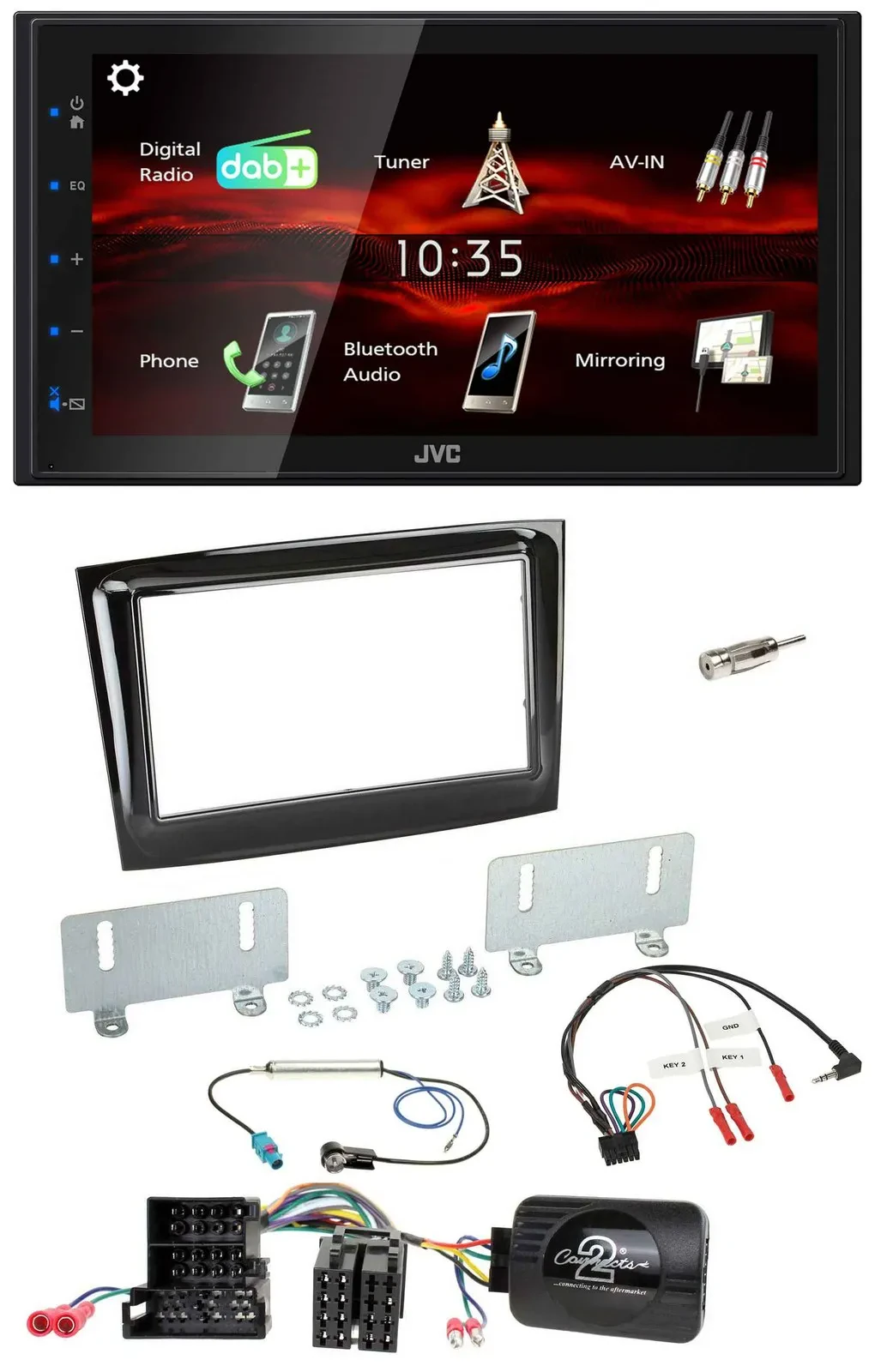 Автомагнитола JVC 2DIN DAB Bluetooth USB для Fiat Doblo (с 2015), Mini-ISO, черный глянец