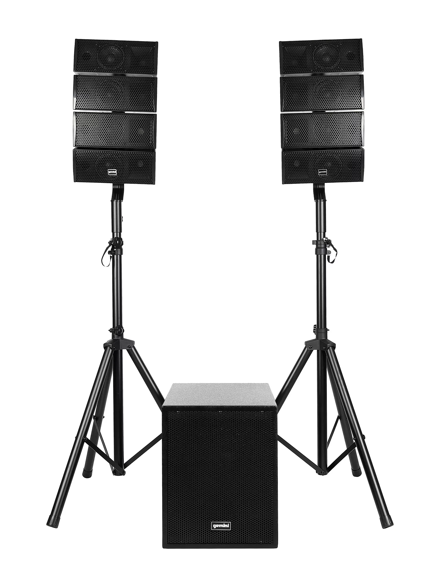 Портативная акустическая система Gemini LRX-448 8 сателлитов (2×4), активный сабвуфер 12", 600W RMS, SD/USB/FM/Bluetooth, 2 стойки, кабели