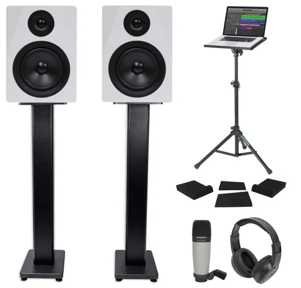 (2) Rockville 5.25 250w Powered Studio Monitors+Stands+Headphones+Mic+Foam Pads