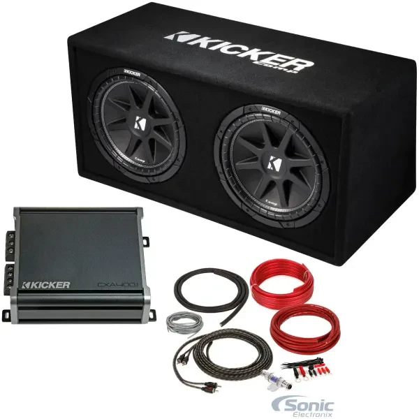 KICKER 43DC122 Dual 12" Subwoofers In Vented Sub Box Enclosure+Amplifier+Amp Kit