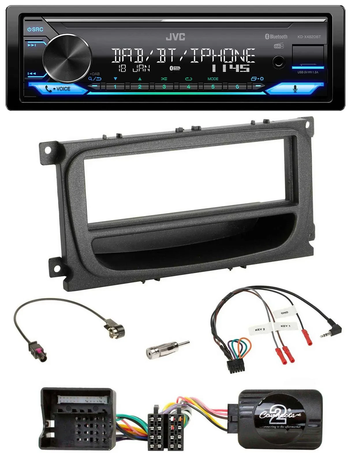 Автомагнитола JVC Bluetooth DAB USB для Ford C‑Max/Galaxy/Focus (с 2007), черная, с поддержкой управления с руля