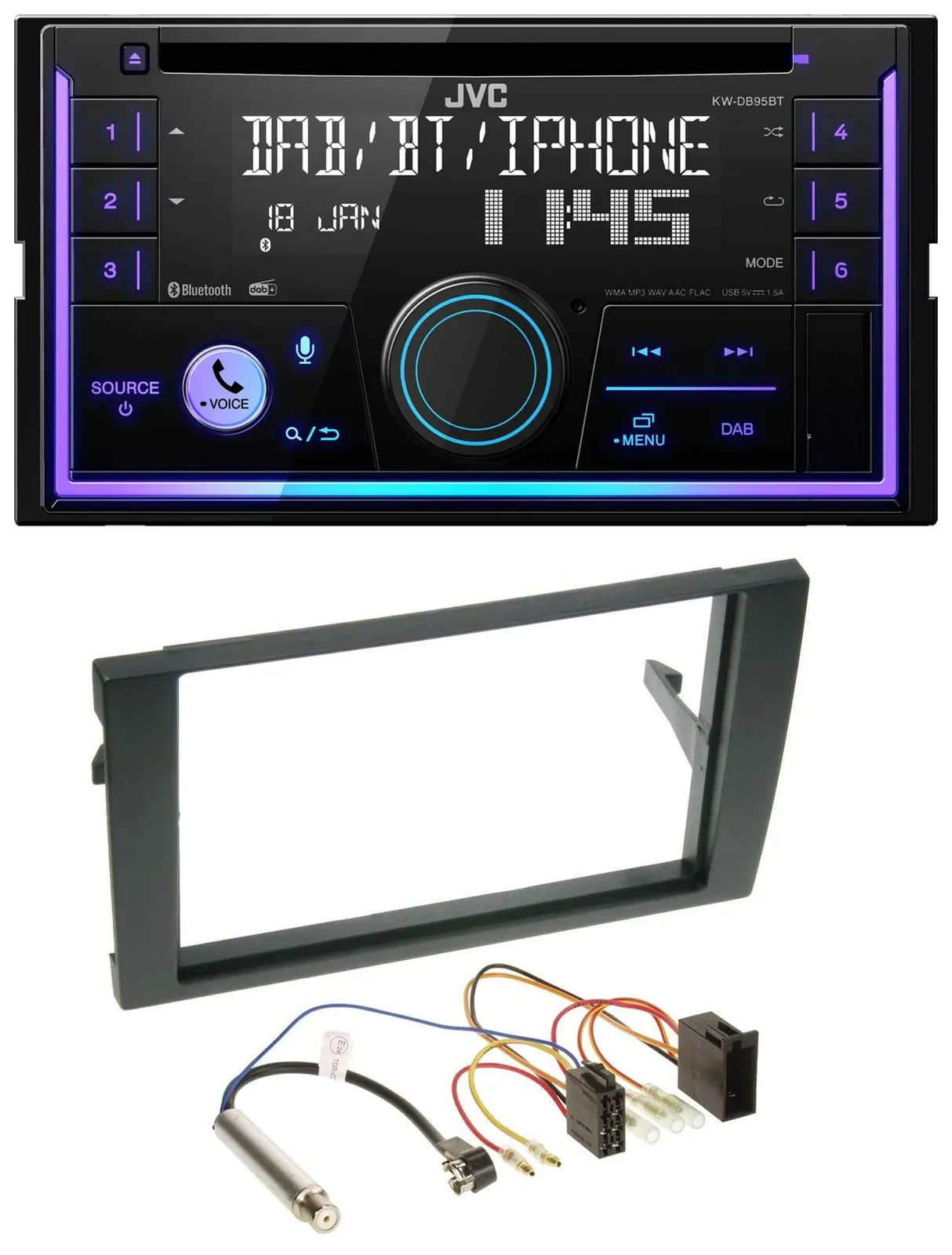 Автомагнитола JVC 2 DIN, CD, MP3, USB, Bluetooth, DAB, для Audi A4 B6/B7 2001–2008, ISO