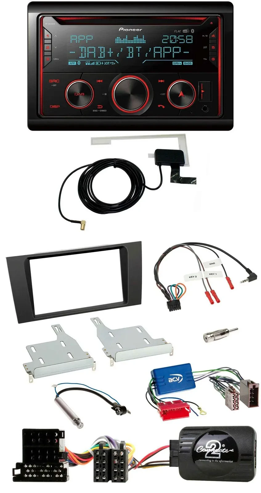 Автомагнитола для Audi A4 1999–2001 Pioneer 2DIN, DAB, USB, CD, Bluetooth, совместима с управлением на руле