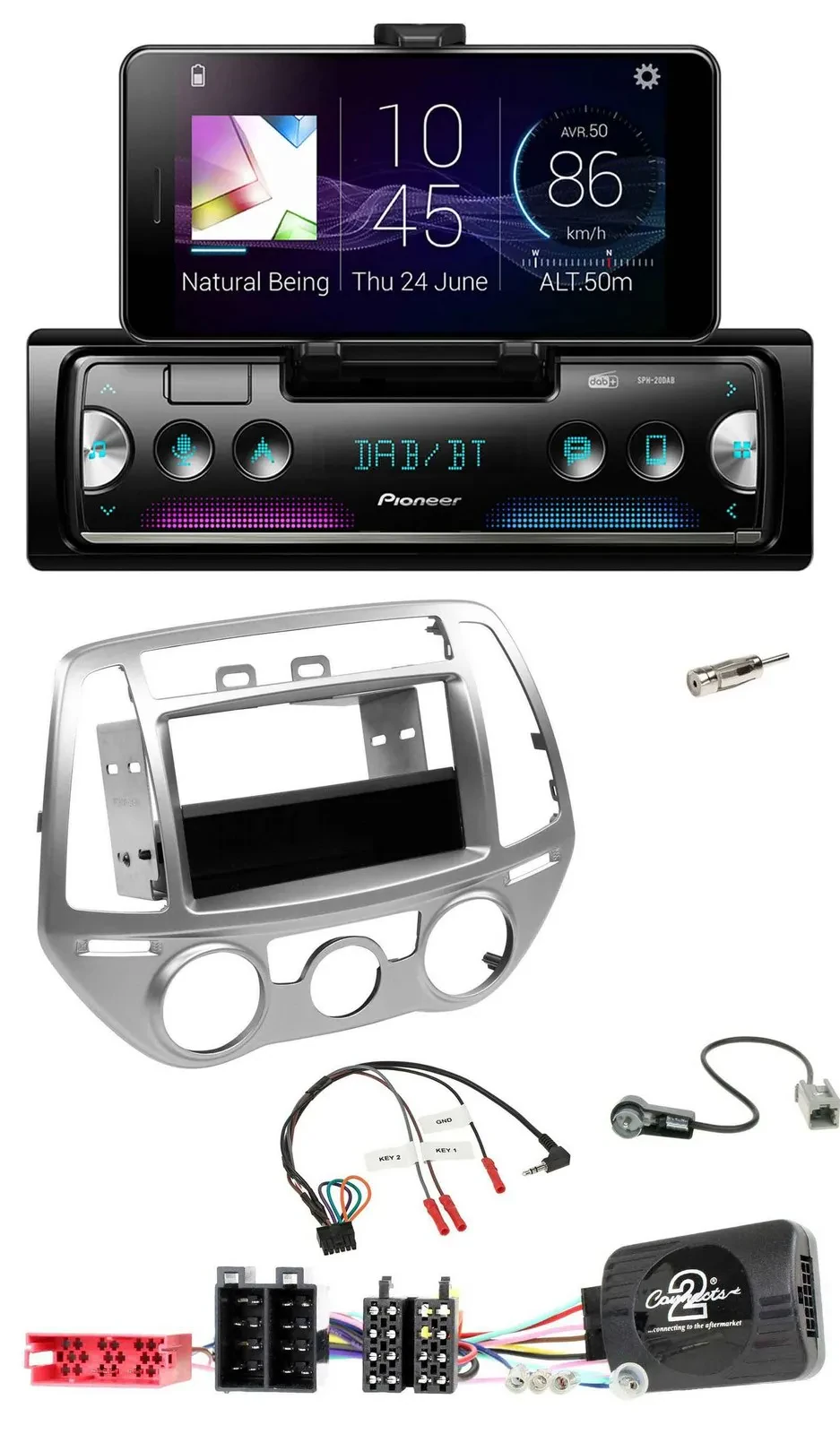Автомагнитола для Hyundai i20 (2012–2014) Pioneer USB, Bluetooth, DAB, серебристая, поддержка кнопок на руле