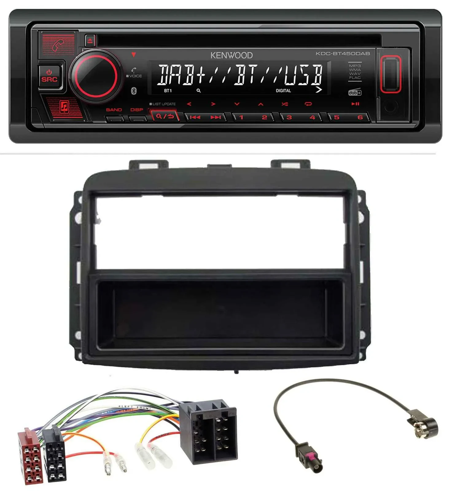 Kenwood MP3 CD USB Bluetooth DAB Autoradio für Fiat 500L (mit ISO, ab 2012)