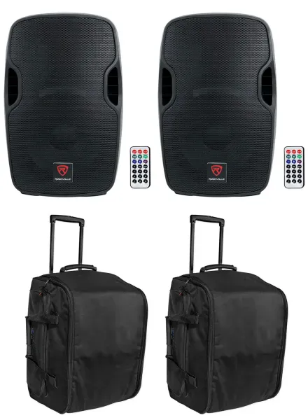 (2) Rockville BPA12 12" Powered Bluetooth 600w DJ PA Speakers +(2) Rolling Bags