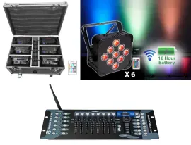 Rockville BEST PACK 60 6) Black Rechargeable Lights+Case+Wireless DMX Controller