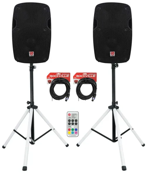 (2) Rockville SPG88 8" Passive 400w DJ PA Speakers+Stands w/LED's+Remote+Cables