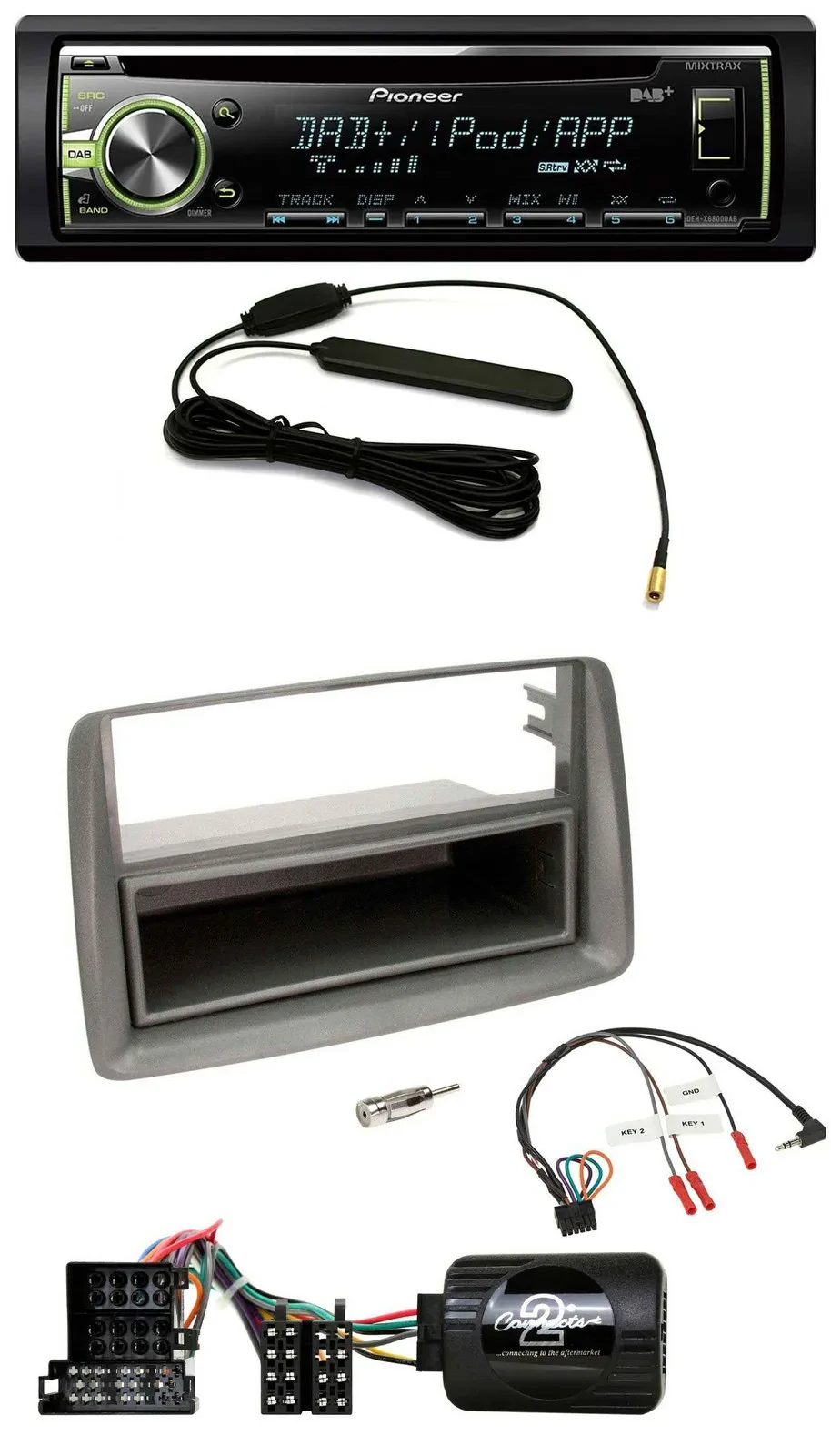 Автомагнитола для Fiat Panda (2004–2010) Pioneer MP3 USB CD DAB, совместима с кнопками на руле, серый