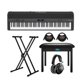 Roland FP-90X 88 Key Digital Piano Black w Headphones Adjustable Stand Bundle