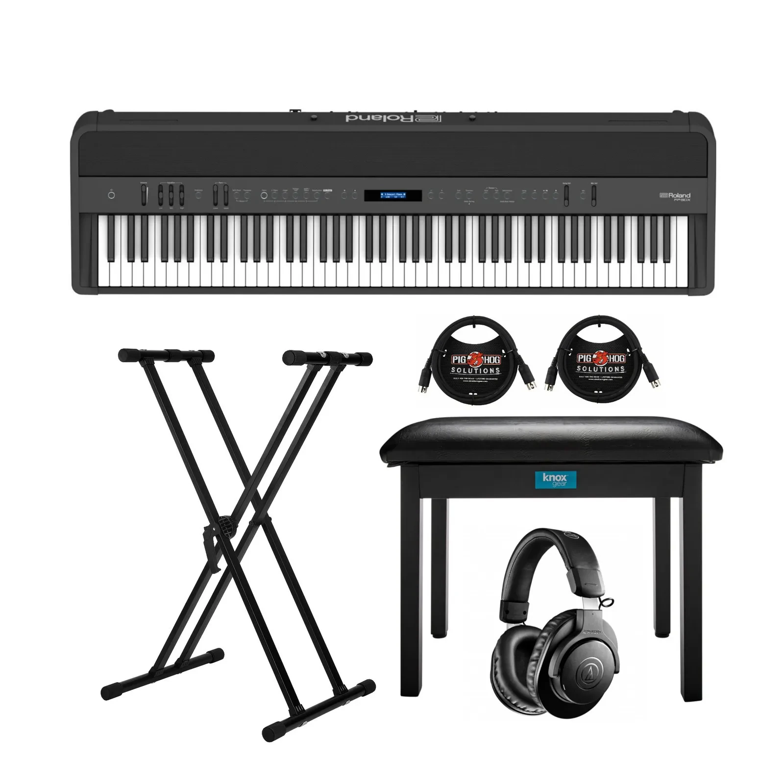 Roland FP-90X 88 Key Digital Piano Black w Headphones Adjustable Stand Bundle