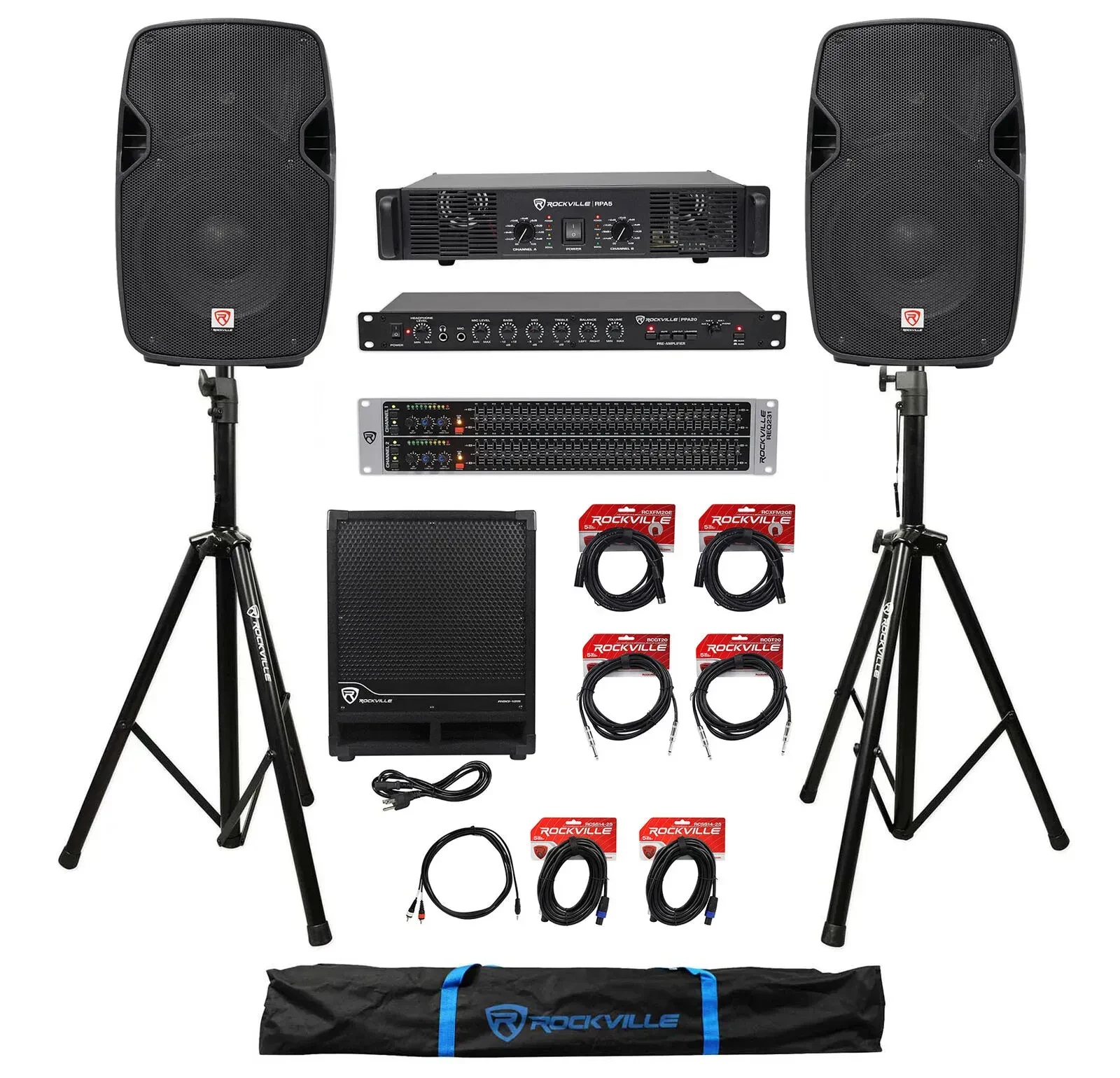 Пассивная акустическая система Rockville Man Cave Audio System 2 x 10" колонки, стойки, усилитель, двухканальный 31-полосный эквалайзер, 12" сабвуфер (набор)