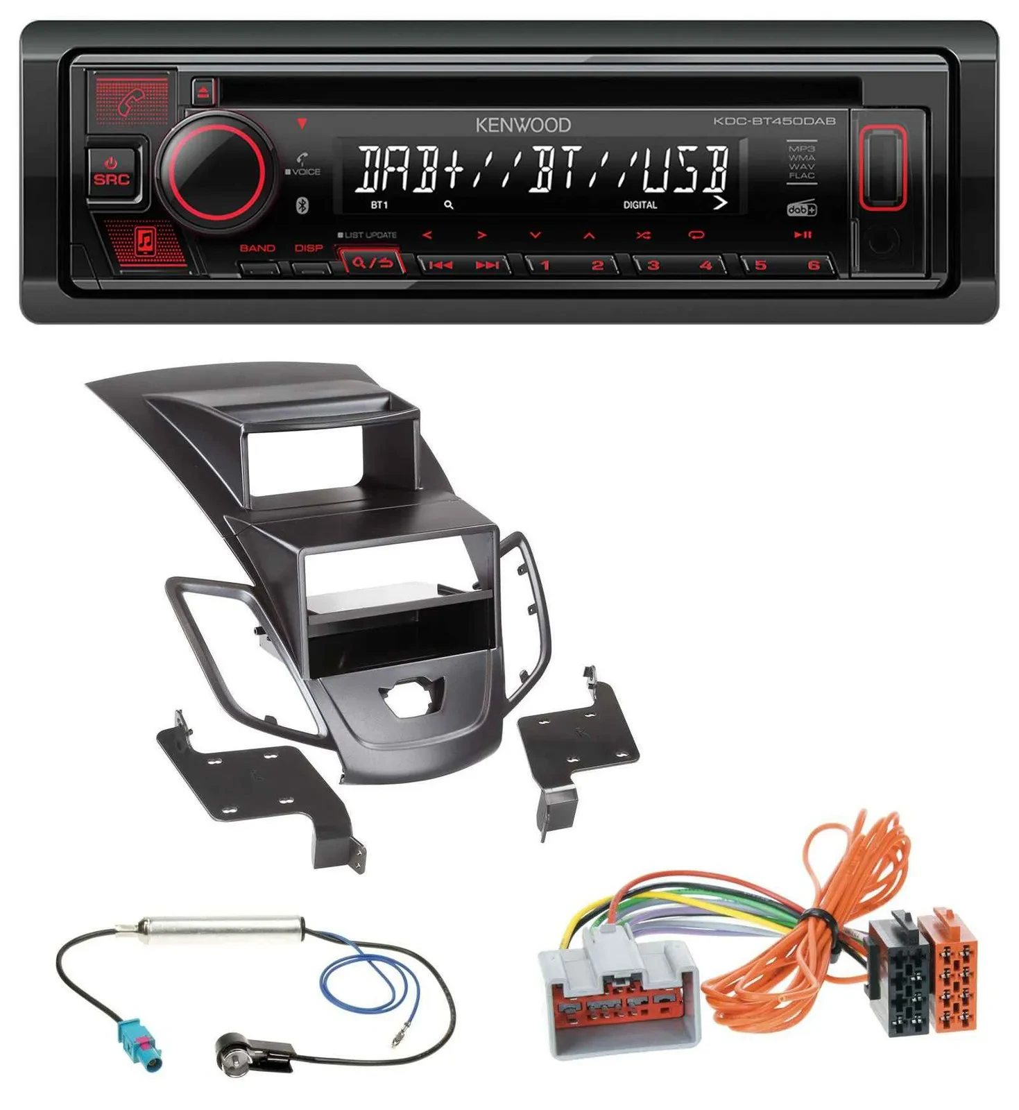 Автомагнитола Kenwood MP3/CD/USB/Bluetooth/DAB для Ford Fiesta 2008–2010, черный дисплей