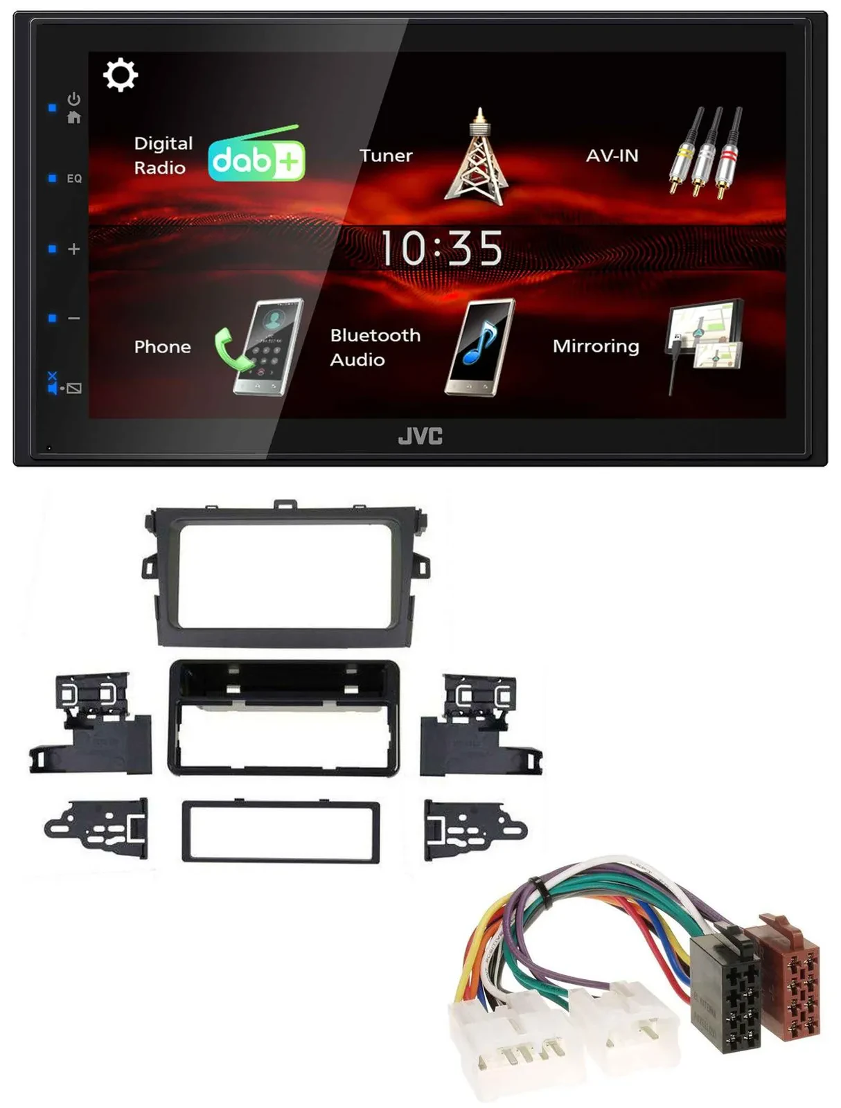 Автомагнитола для Toyota Corolla 2009–2013 JVC 2-DIN, USB, Bluetooth, MP3, DAB, серебристая