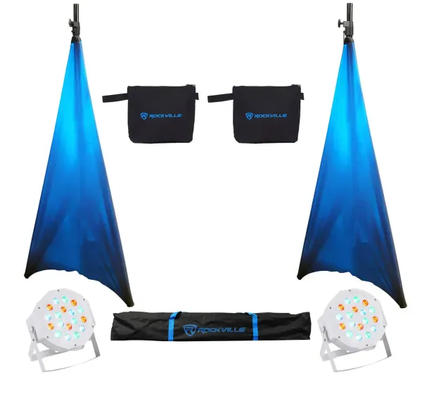 (2) Rockville Tripod DJ PA Speaker Stands+Carry Case+Scrims+(2) RGB Par Lights