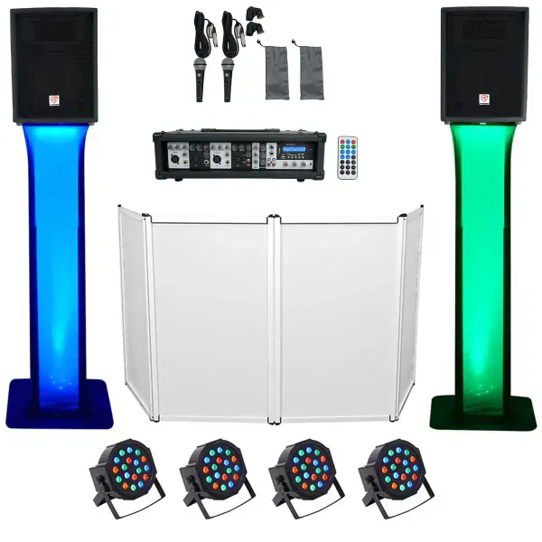 DJ Package 10" Speakers+Bluetooth Mixer+Mics+Tripod+Totem Stands+Facade+Lights