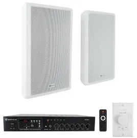 Rockville Commercial Restaurant Amp+(2) White Slim Wall Speakers+Wall Controller