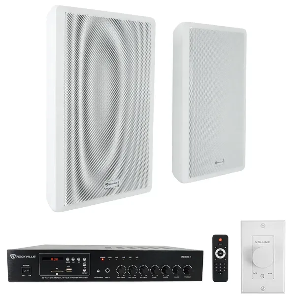 Rockville Commercial Restaurant Amp+(2) White Slim Wall Speakers+Wall Controller