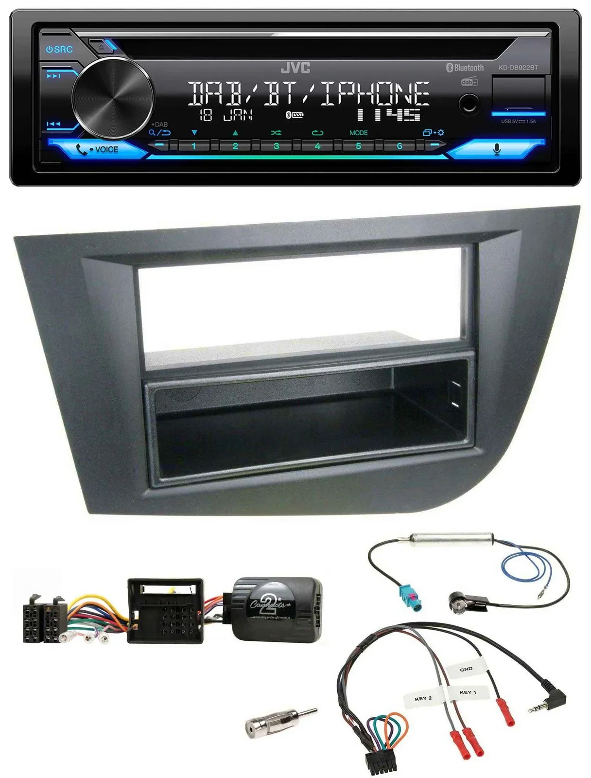 Автомагнитола для Seat Leon (2005–2010) JVC Bluetooth, USB, DAB, CD, чёрная
