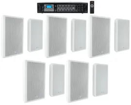 Rockville 6-Zone 70v Amplifier+(10) Slim White Restaurant/Bar/Cafe Wall Speakers