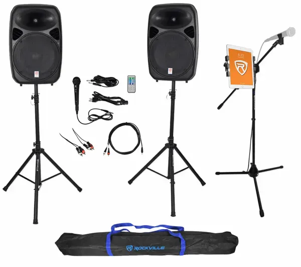 Rockville Dual 15" Karaoke Machine Speaker System w/Mic Stand w/Tablet Mount+Bag