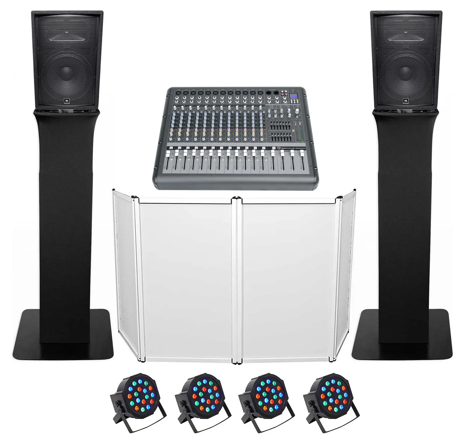 DJ Package w/(2) JBL JRX215 2000w 15" Speakers+Mixer+Totem Style Stands+Facade