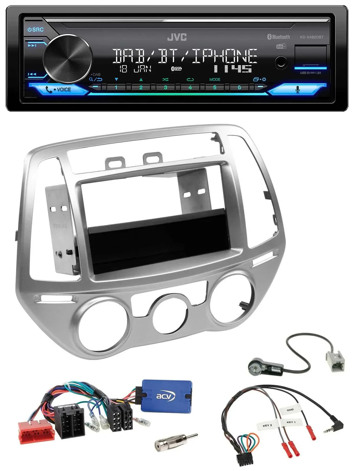 Автомагнитола JVC Bluetooth DAB USB для Hyundai i20 2012–2014 серебристая