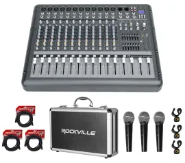 Rockville RPM1470 14 Channel 6000w Powered Mixer, USB/Effects+3 Mics+Case+Cables