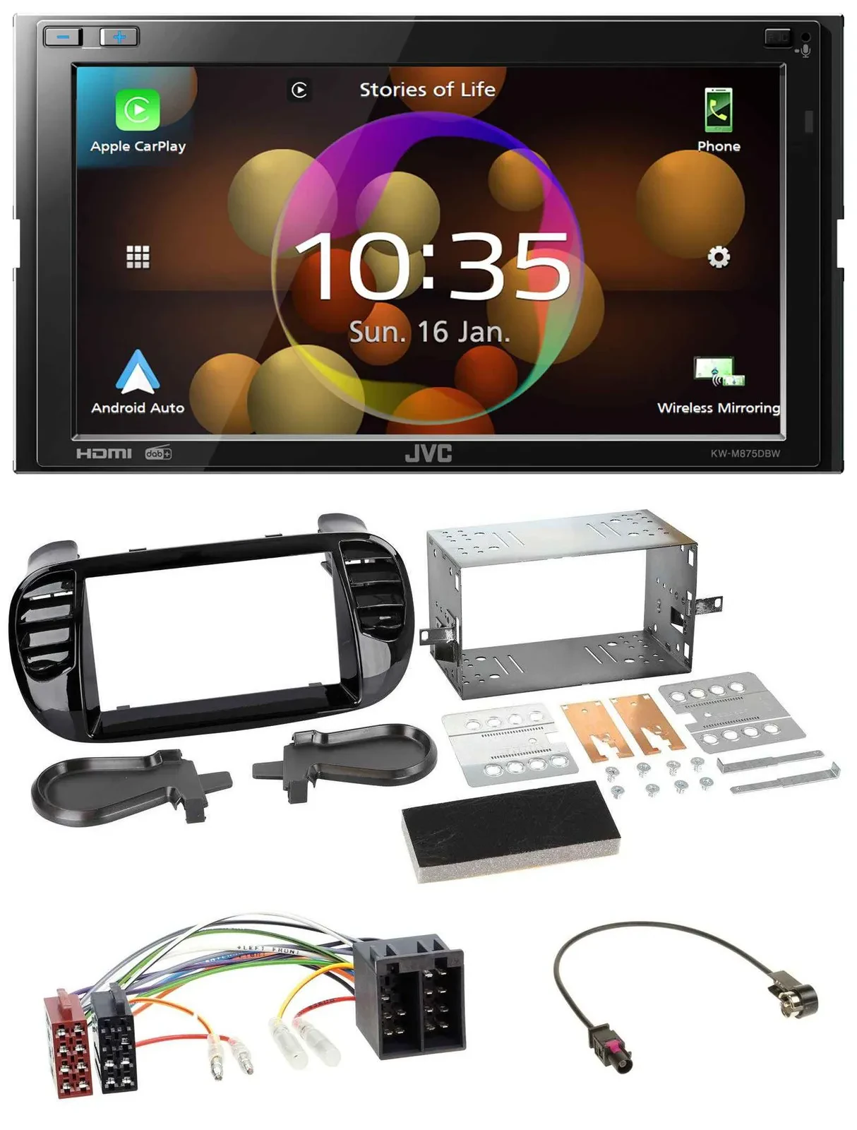 JVC DAB MP3 2DIN Bluetooth USB Autoradio für Fiat 500 ab 12 ISO schwarz